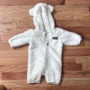 Patagonia White Fleece Baby One-Piece with Hood